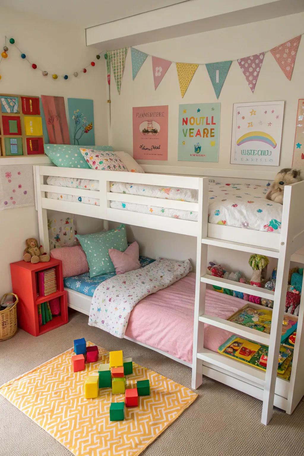 A fun raised sleeping platform with space for play activities underneath.