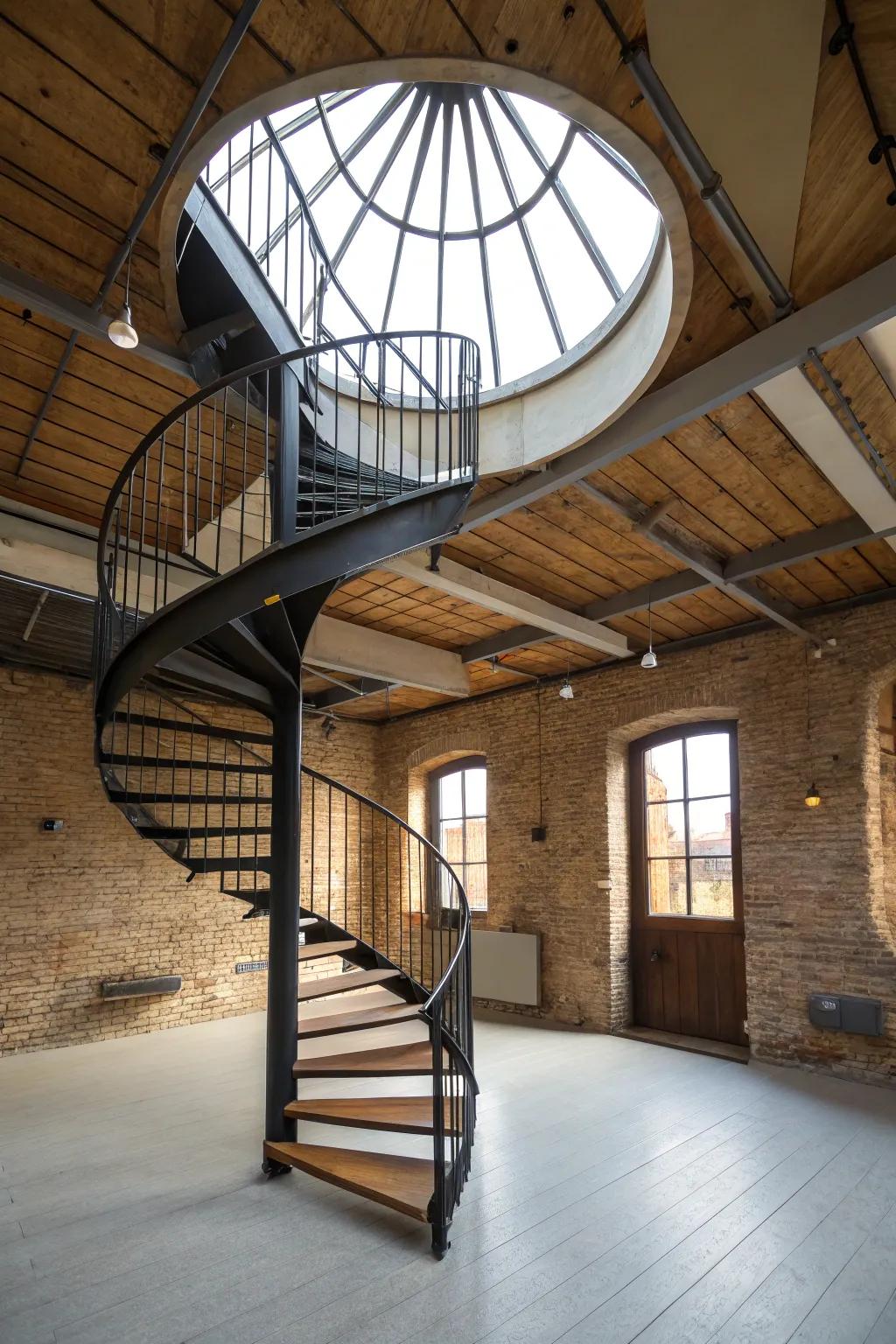 Artistic spiral staircase as a loft centerpiece.