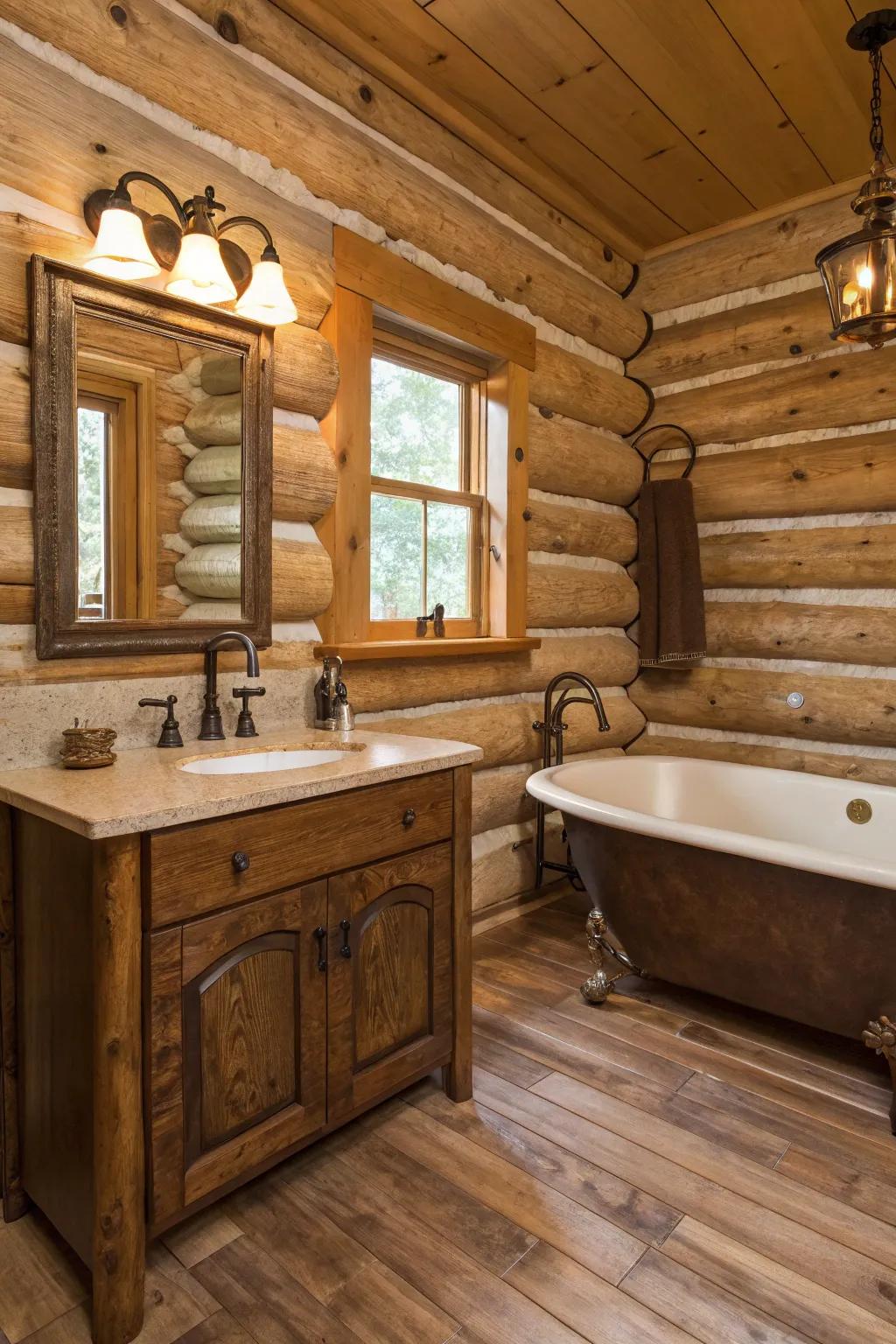 A log cabin bathroom with countryside bronze parts.