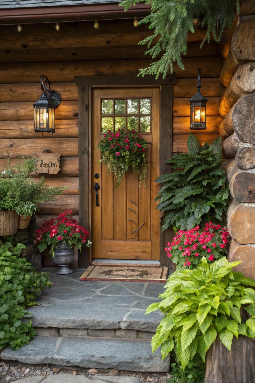 A comfortable cabin portal with foliage and lights.
