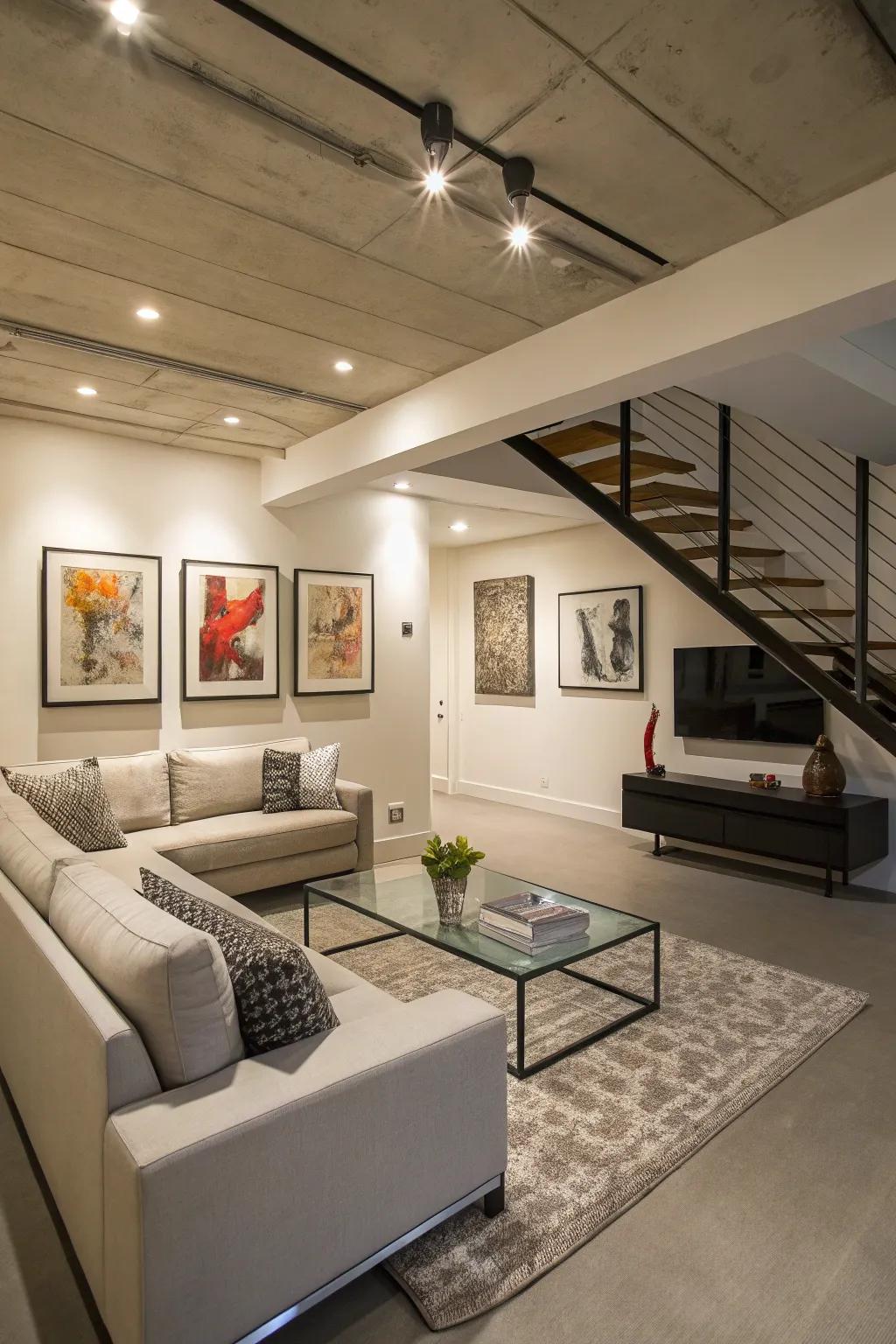 Minimalist decor sustains a low-ceiling area open and breezy.