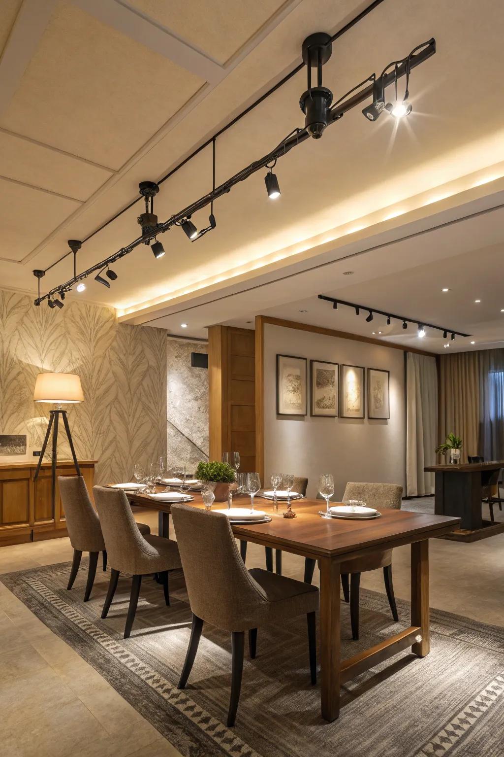 A dining area with versatile track lighting.