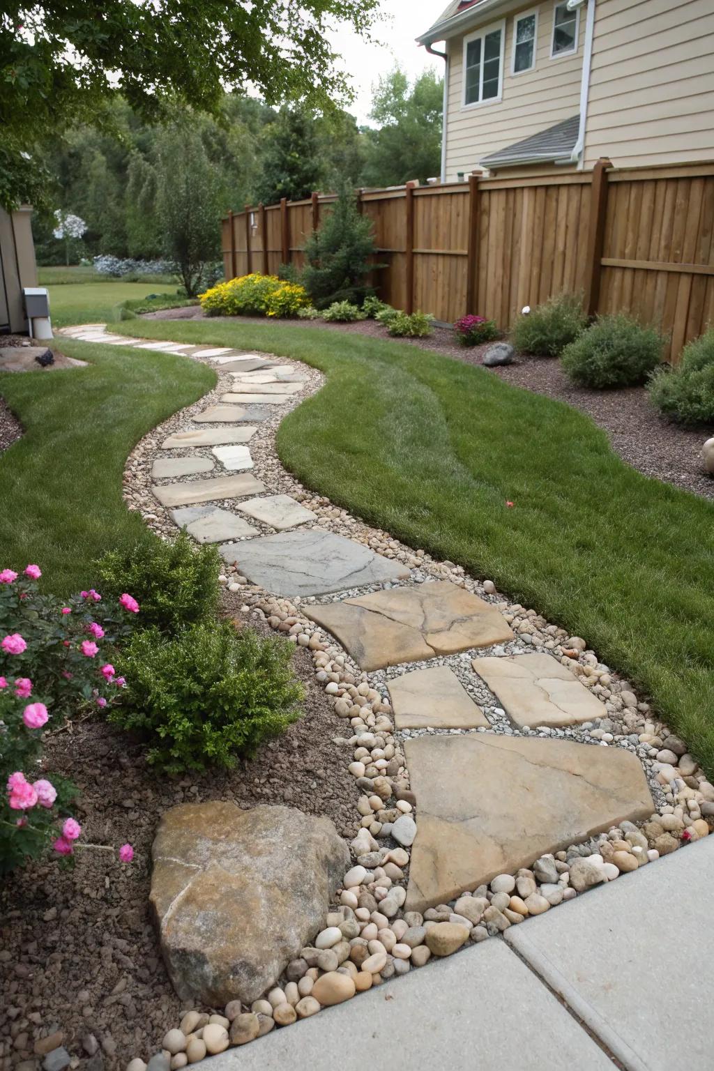 A front yard with stone paths and pebbles that reduces the need to care for grass.