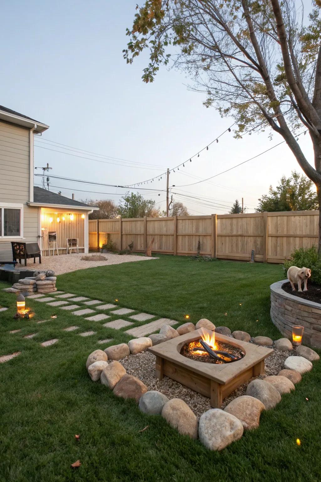 A cozy fire pit space that fits seamlessly into a pet-friendly environment.
