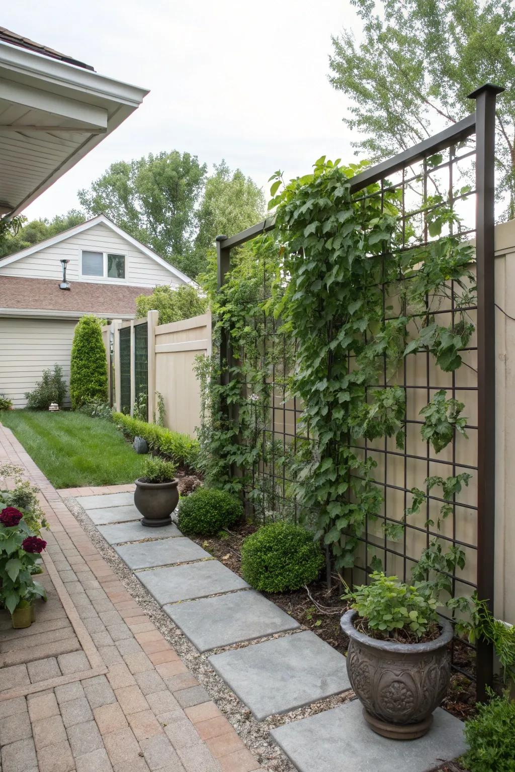 A privacy screen offers seclusion and a place for climbing plants.