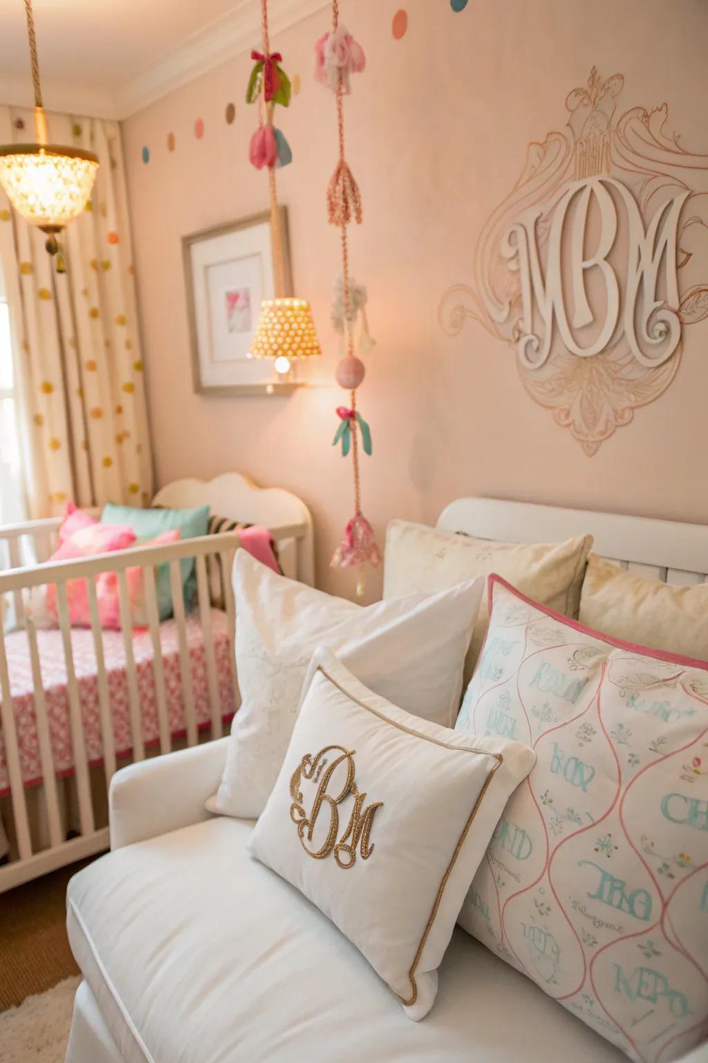 A nursery featuring fashionable accents like monogrammed cushions and themed decor.