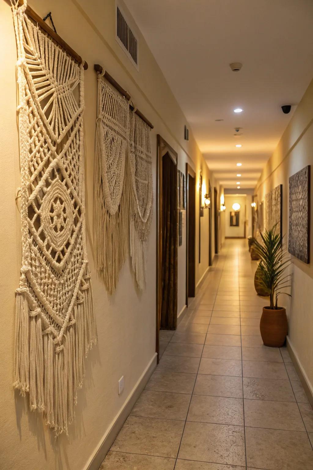 Macrame fabric artistry introducing dimension and identity to a residence.