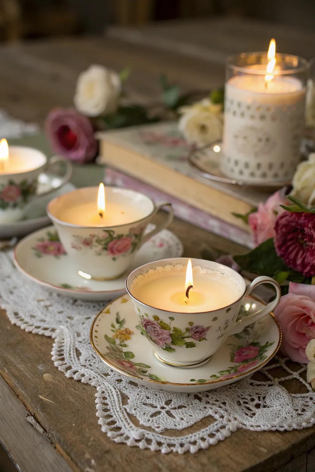 Charming candles crafted from vintage teacups, adding whimsy and warmth to any party.