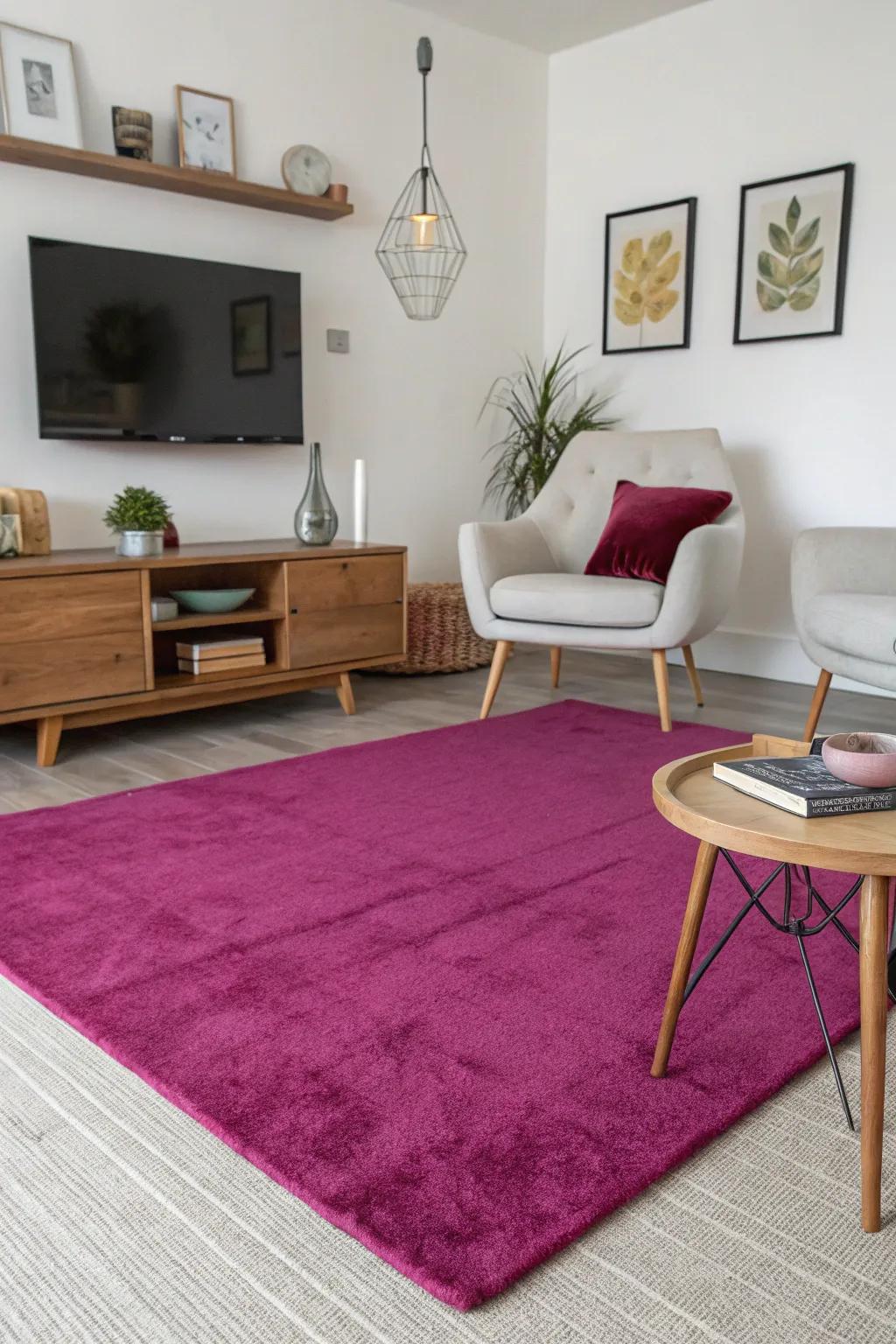 A vibrant magenta rug ties this modern living room together beautifully.