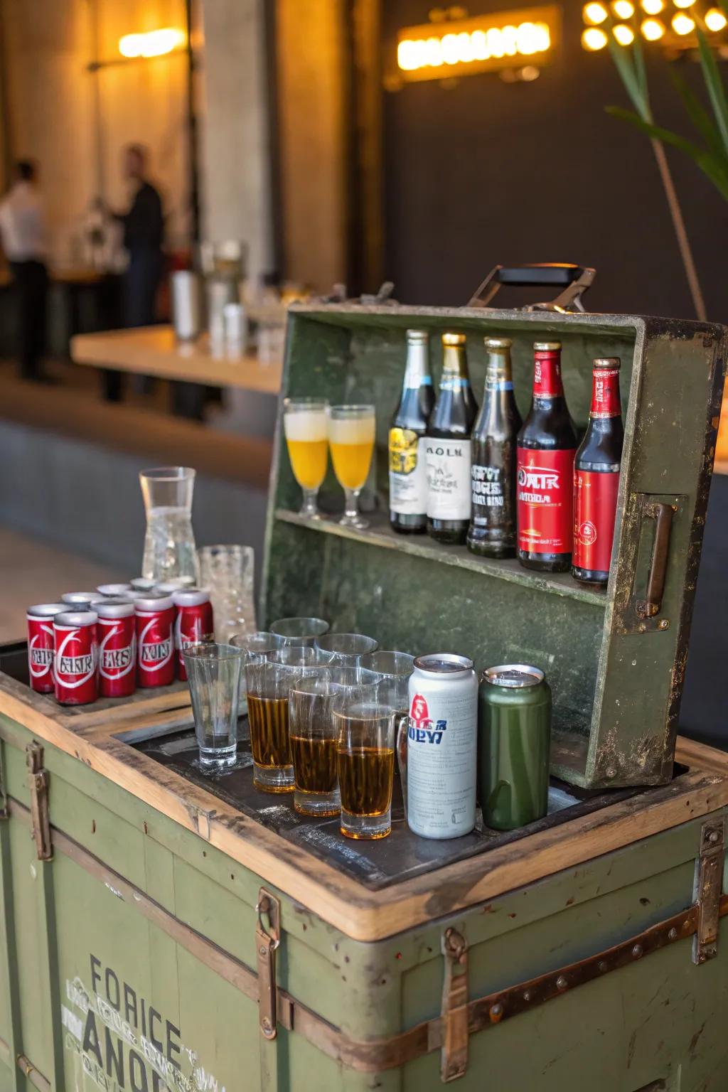 A military crate mini bar adds a rugged charm to the space.