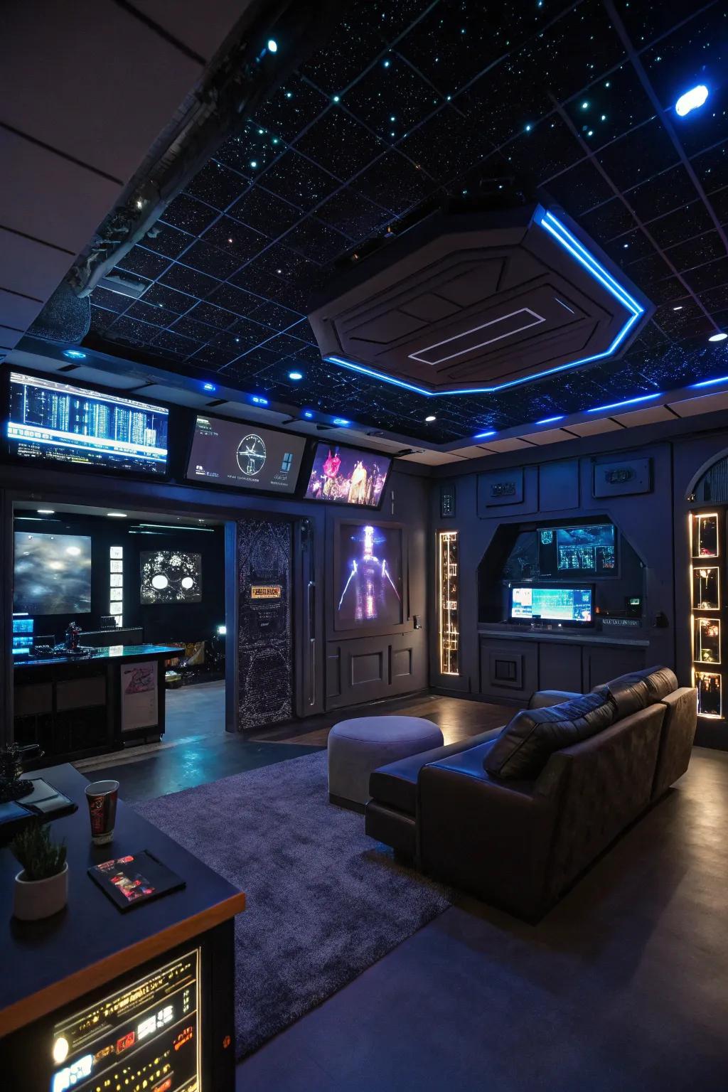 Journey into the future with a sci-fi themed man cave.