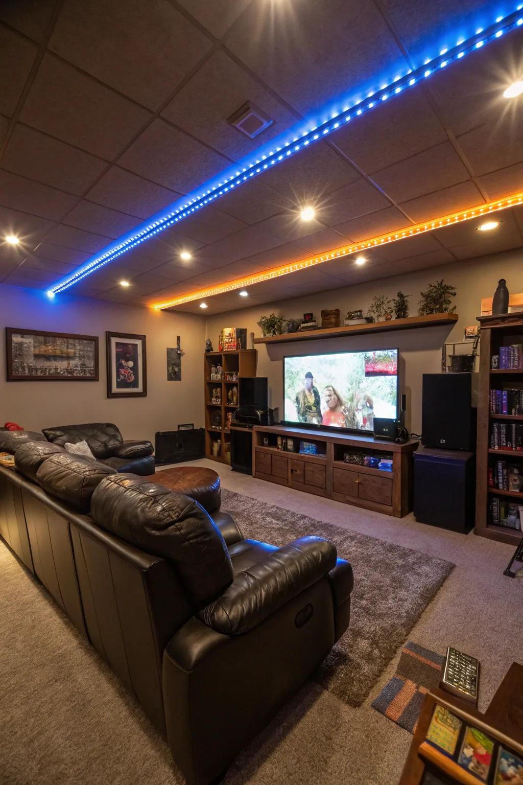 Ambient lighting with color-changing LED strips in a man cave.