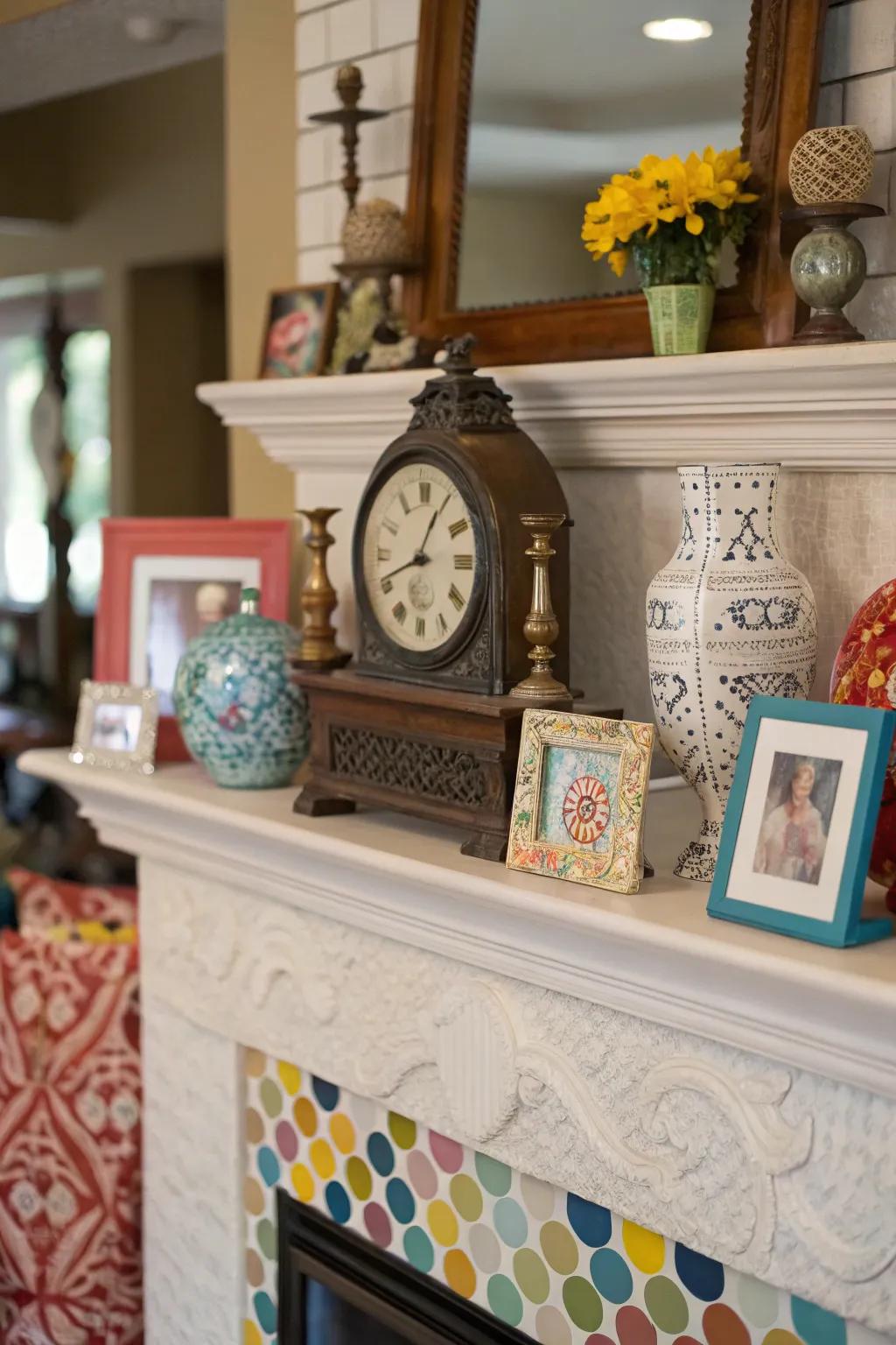 A varied mantel showcasing a variety of décor styles.