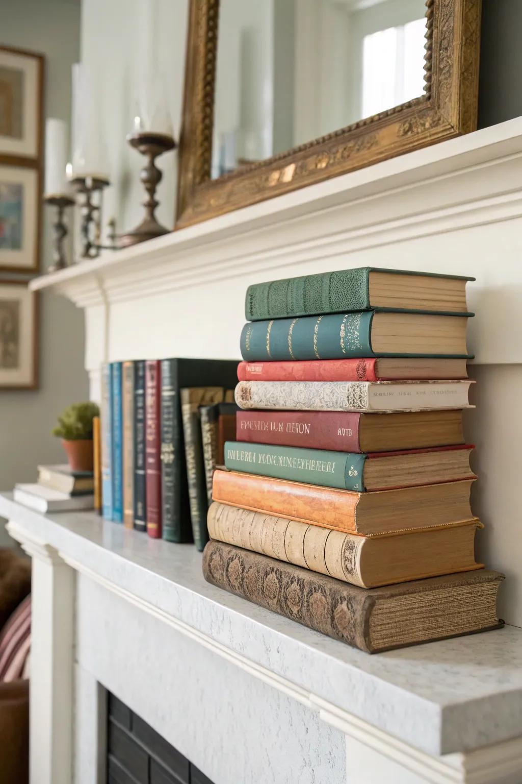 Staged book collections add a hint of sophistication and intrigue to this mantel.
