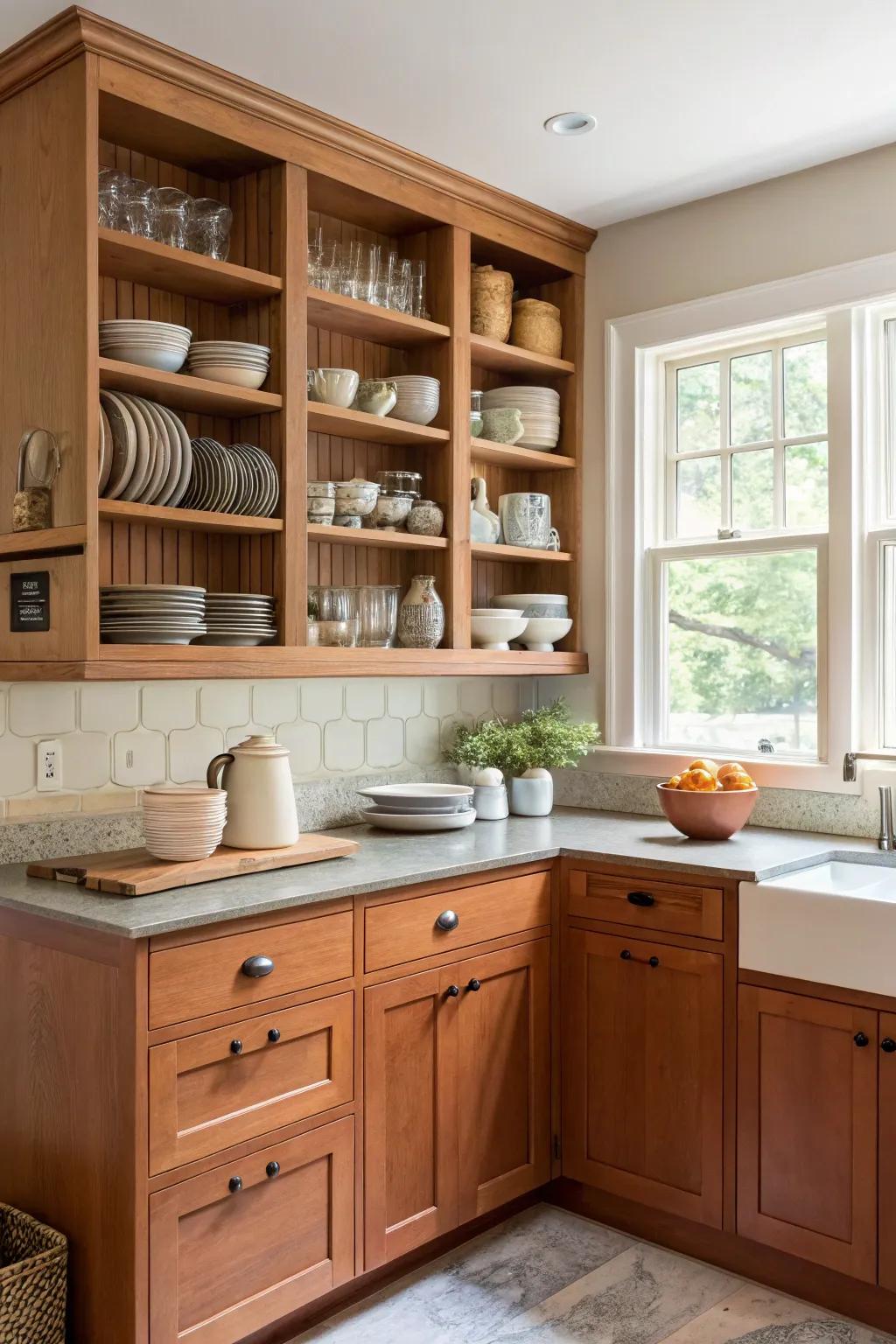 A cooking space combining maple cabinets with exposed storage for a customized appearance.