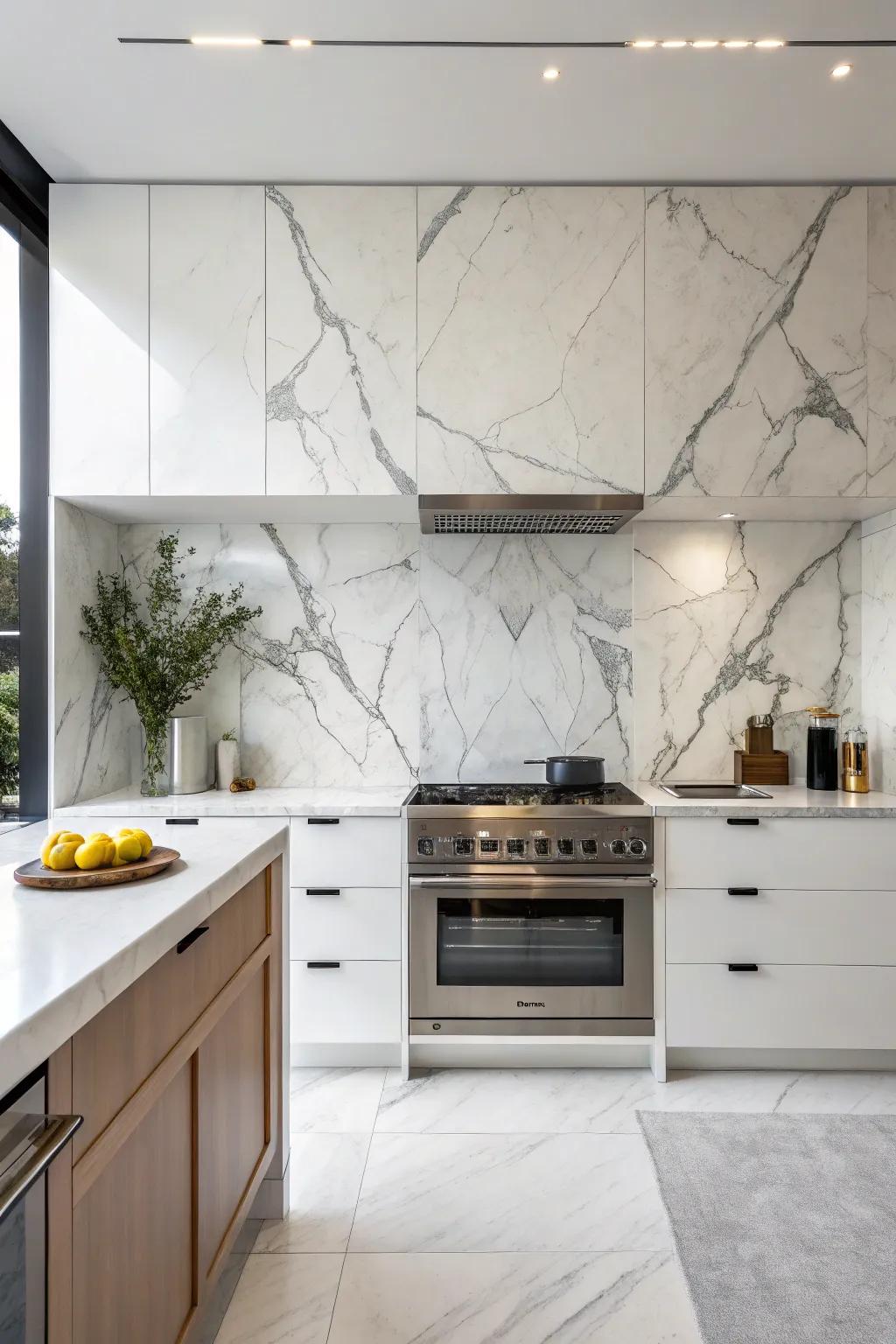 A kitchen showcasing the seamless elegance of a large marble slab backsplash.