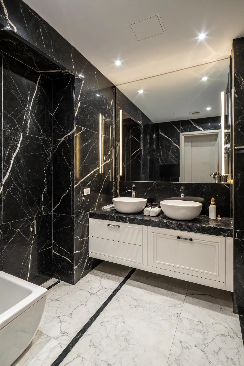 Black marble creates a striking and stunning look in this bathroom.