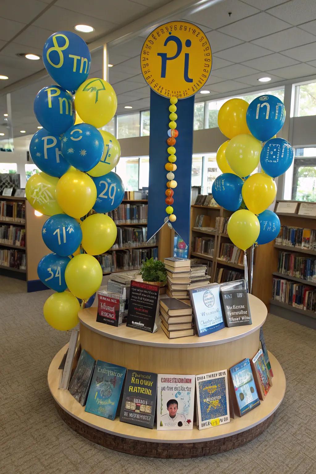 A Pi Day display with math books and circular motifs.