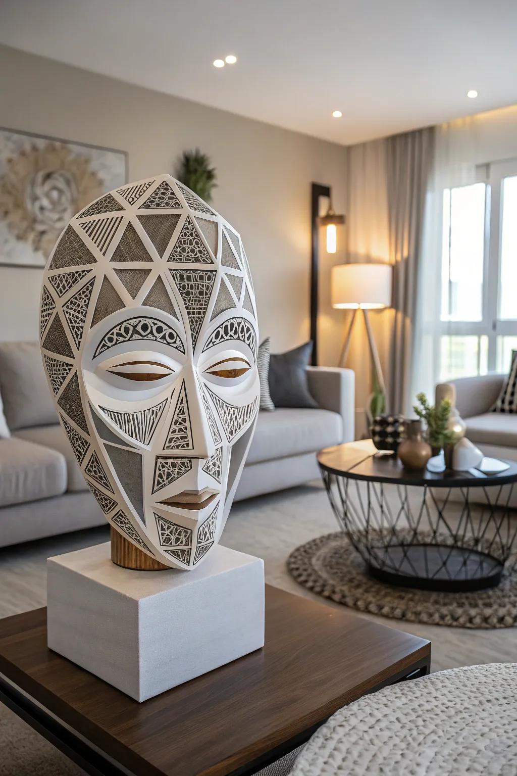 A geometric mask artwork that adds modern elegance to home decor.