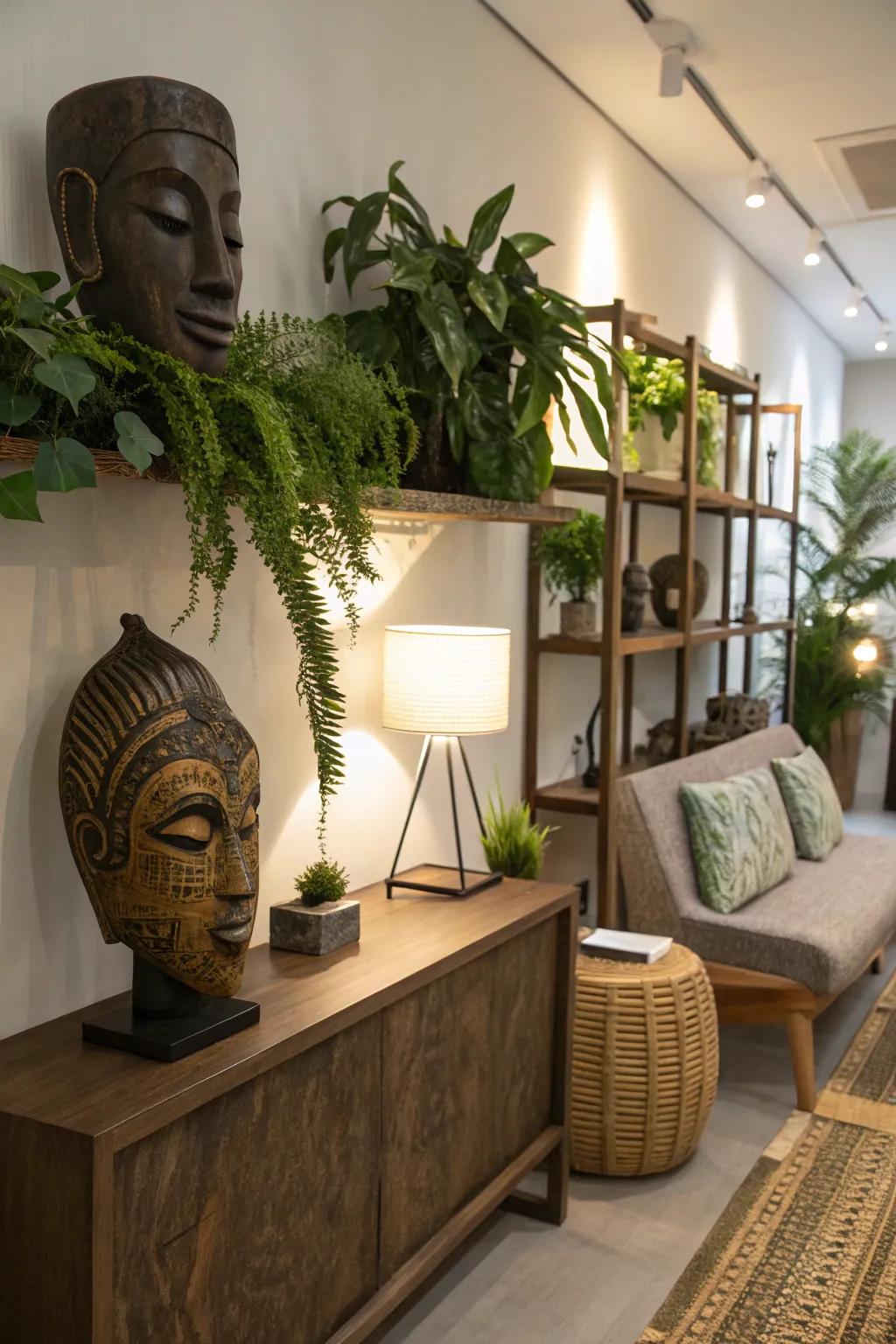 Wall adornments integrated with furniture and greenery enrich the area's harmony.
