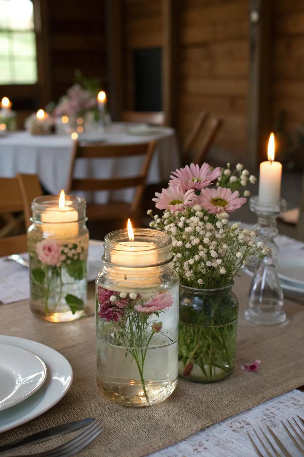 Enchanting floating flower and candle mason jar centerpieces.