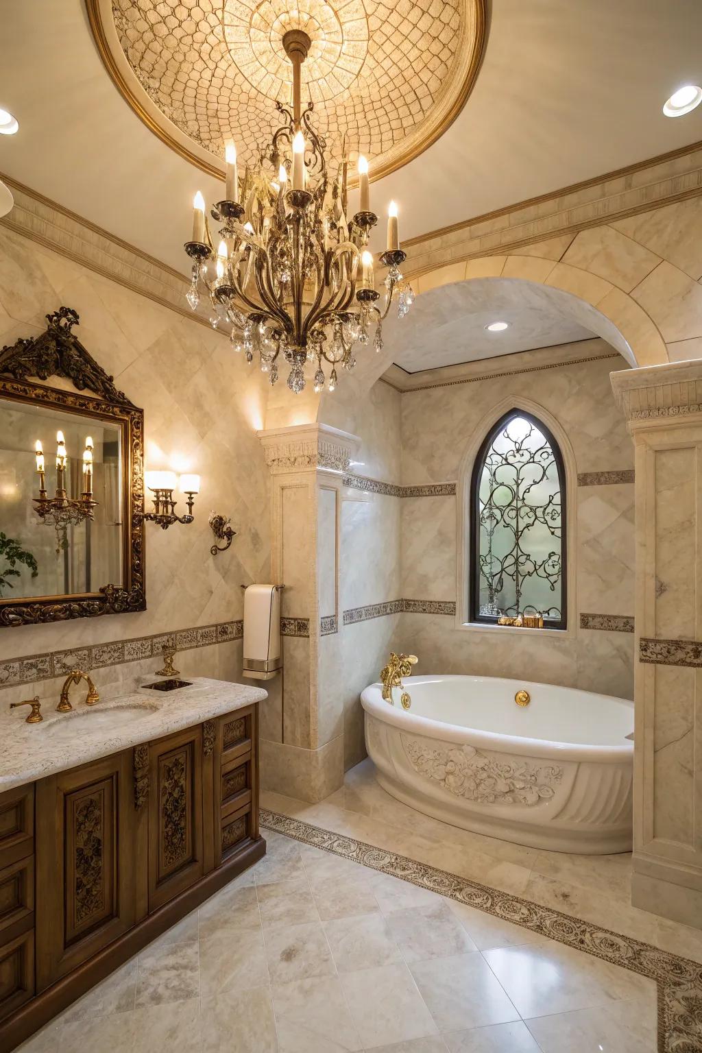 Elegant fixtures add a definitive touch of luxury to this master bathroom.