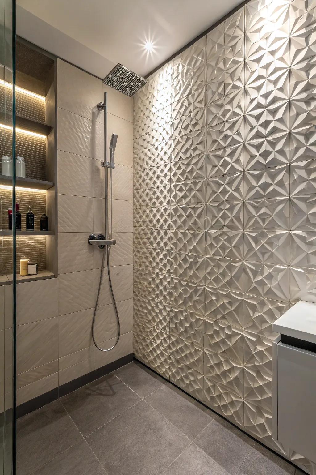 A shower styled with 3D pavers, heightening dimension and visual intrigue.