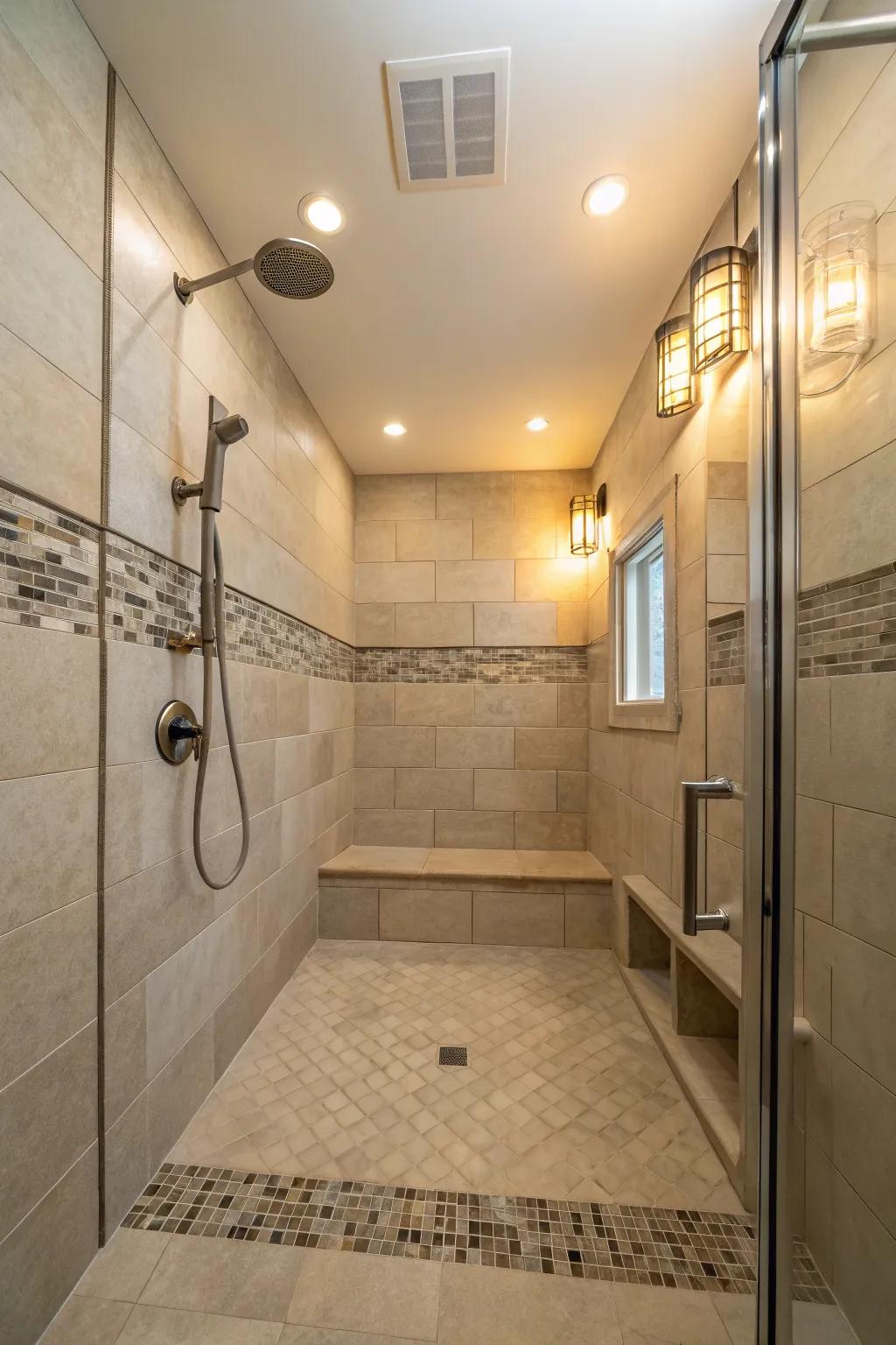 A relaxing walk-in shower featuring subtle and earthy tones.