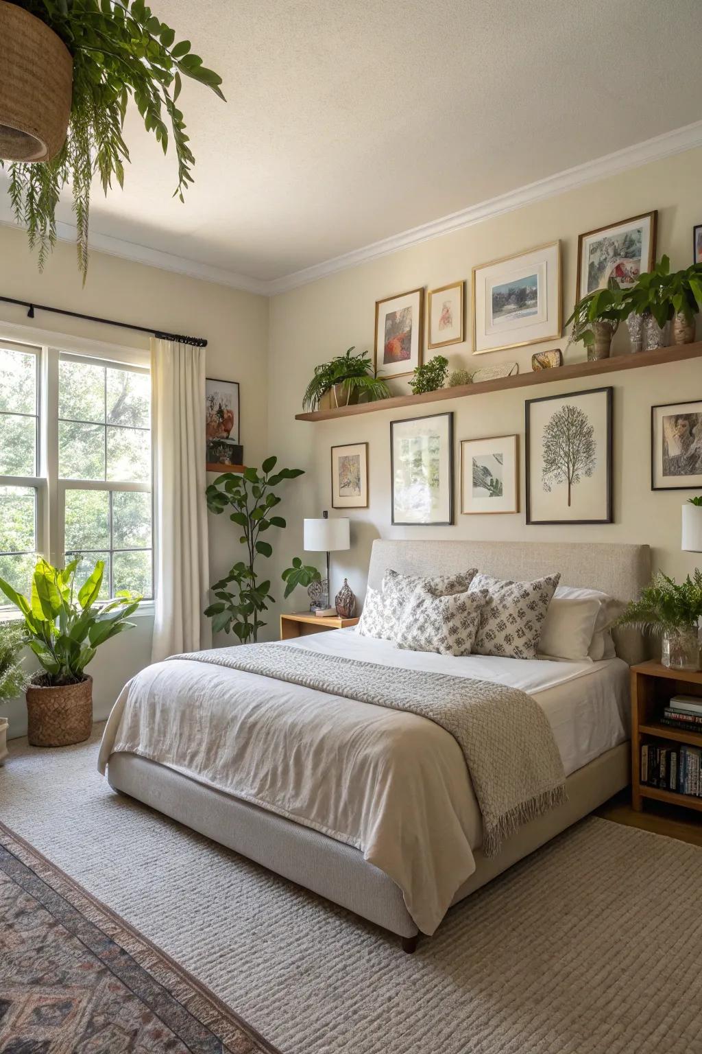 Ornaments personalize the master bedroom space.