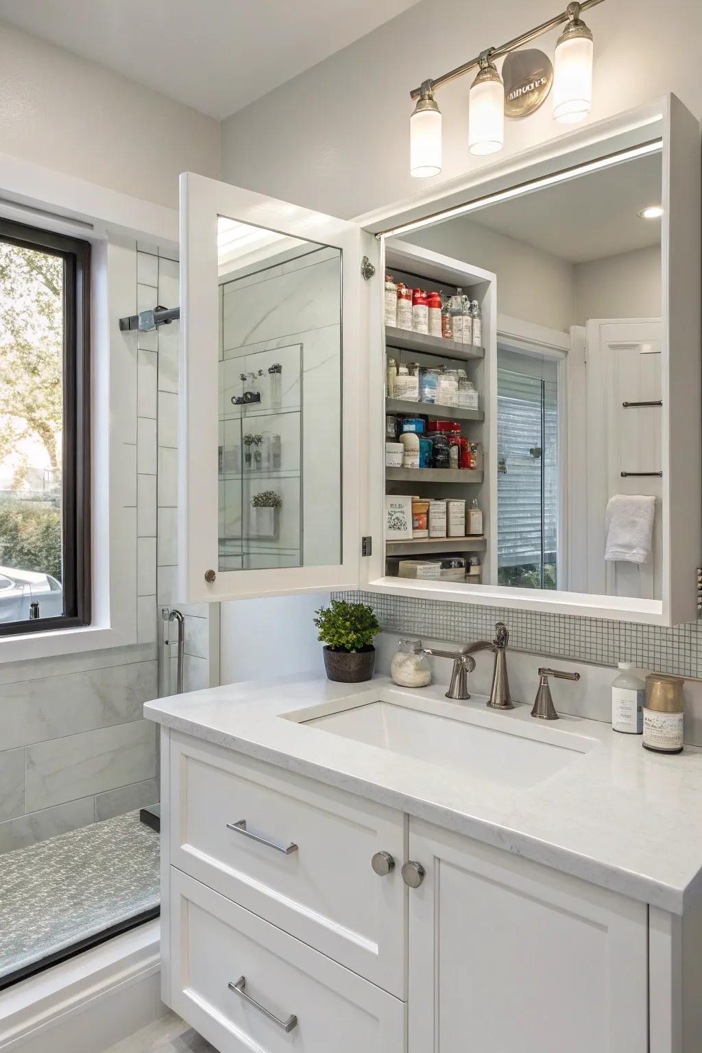Hidden cabinets keep things elegant and tidy.