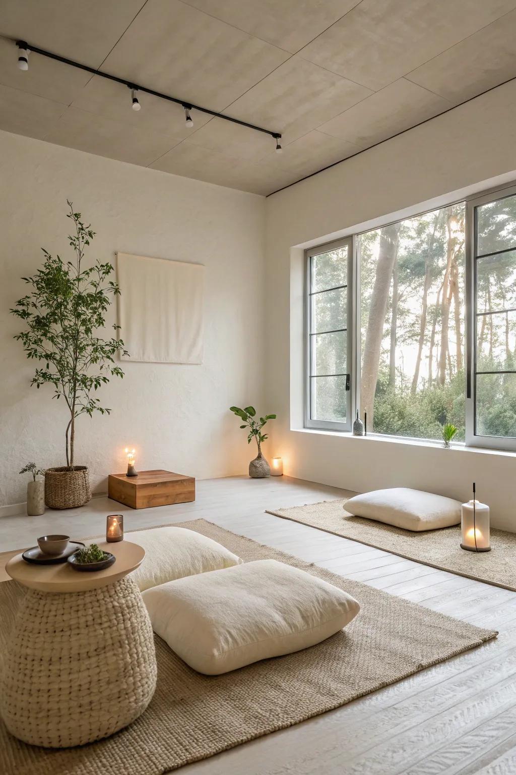 A simple meditation space defined by clean lines and expansive room.