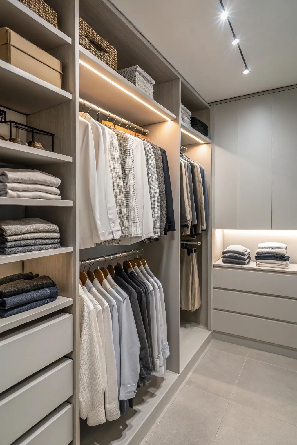 A soothing neutral palette that enhances the closet's elegance.