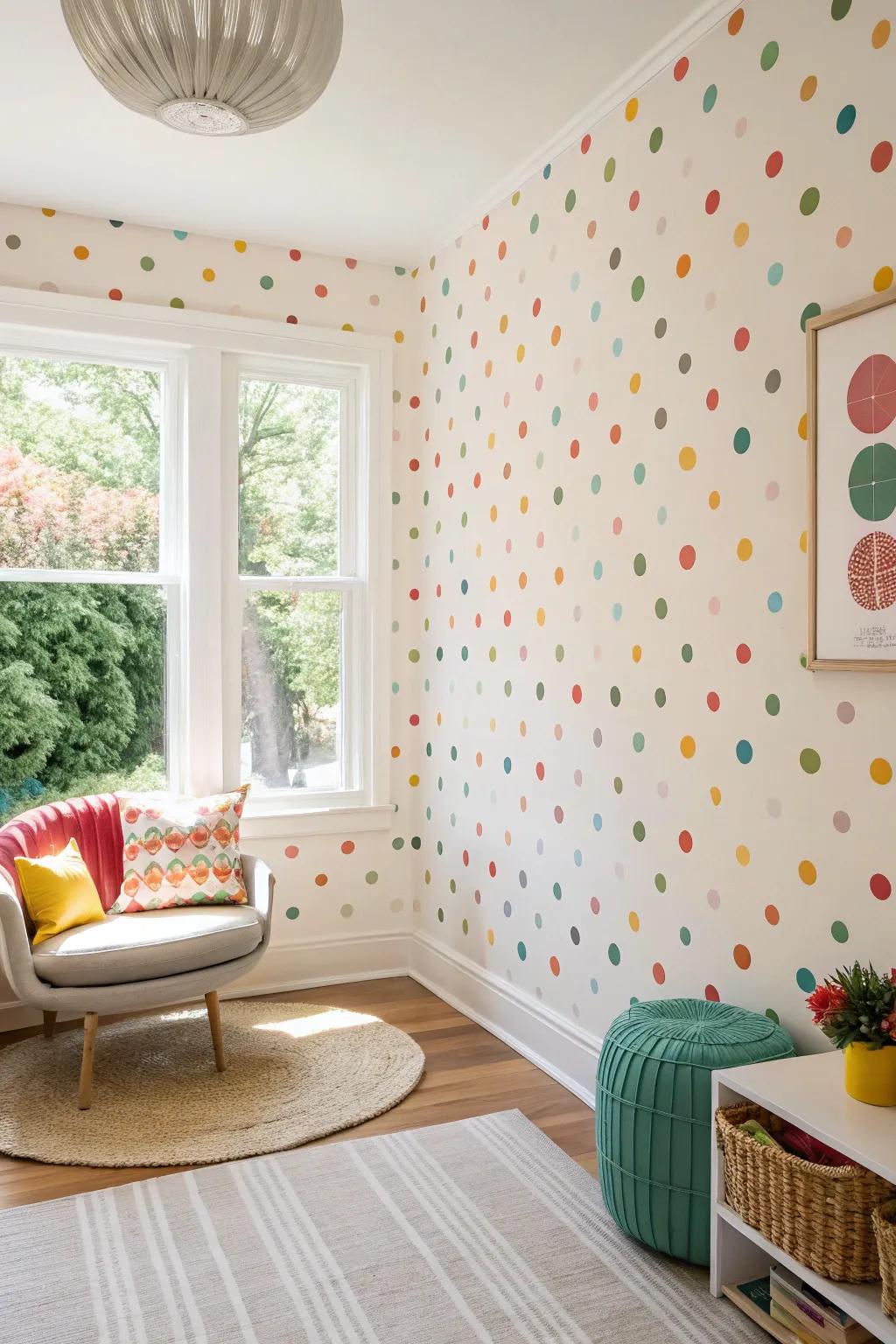 Bright room with playful polka dot mid-century wallpaper.