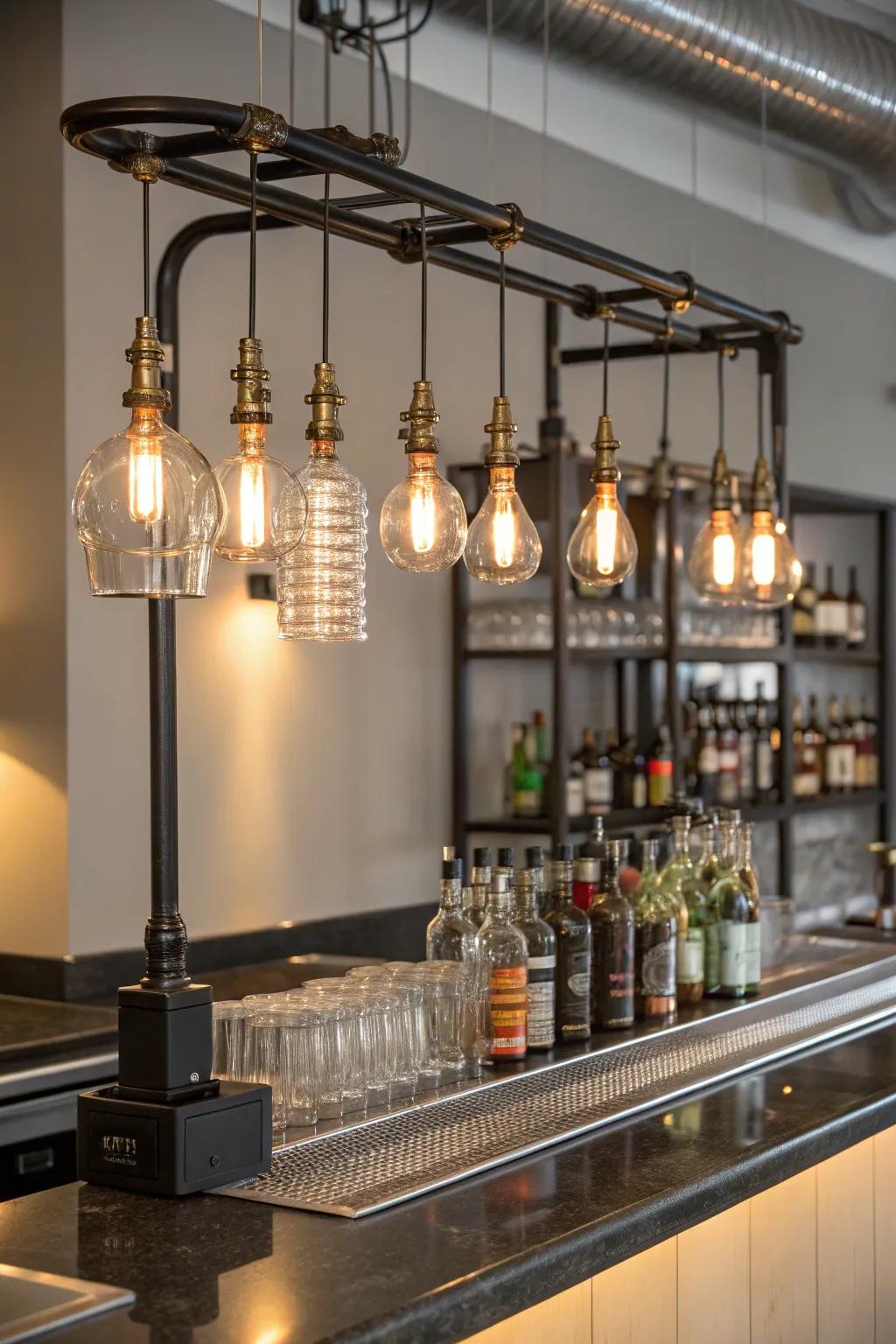 Industrial lighting adds rustic charm to the mini bar.