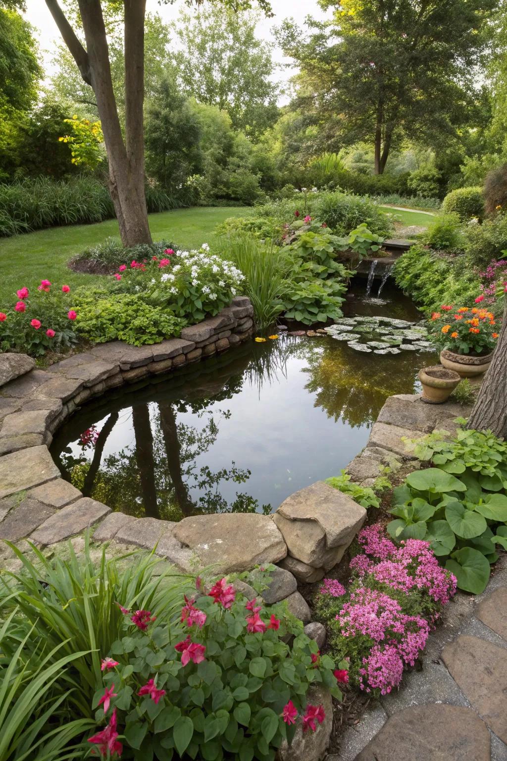 A small pond blends nicely into the garden landscape.