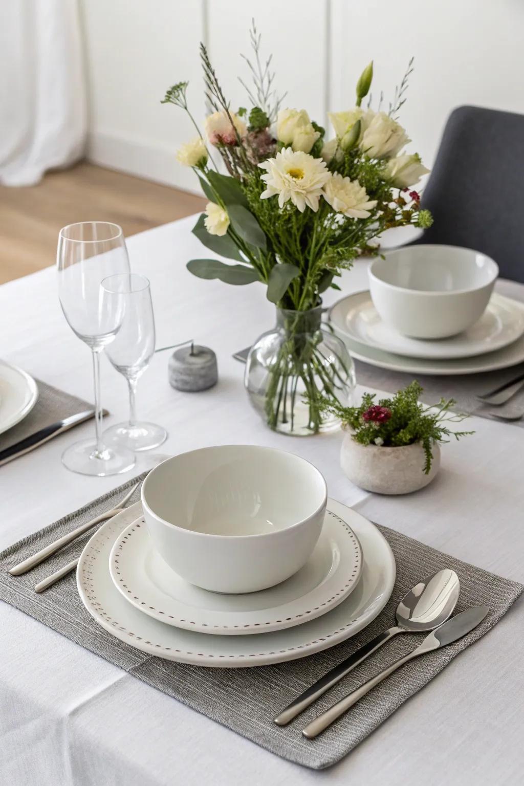 Minimalist table arrangements produce a sophisticated dining experience.
