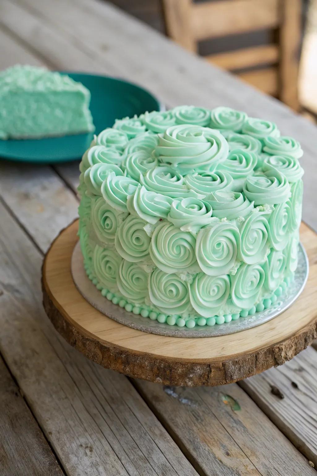 A turquoise cake showcasing delightful buttercream textures.