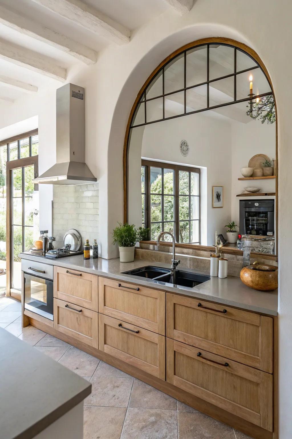 An arched mirror amplifying architectural appeal and complementing the kitchen design.
