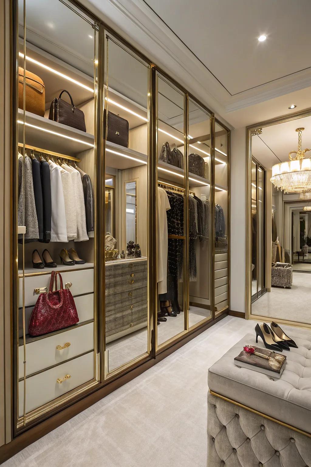 Design a boutique ambiance with mirrors in walk-in closets.