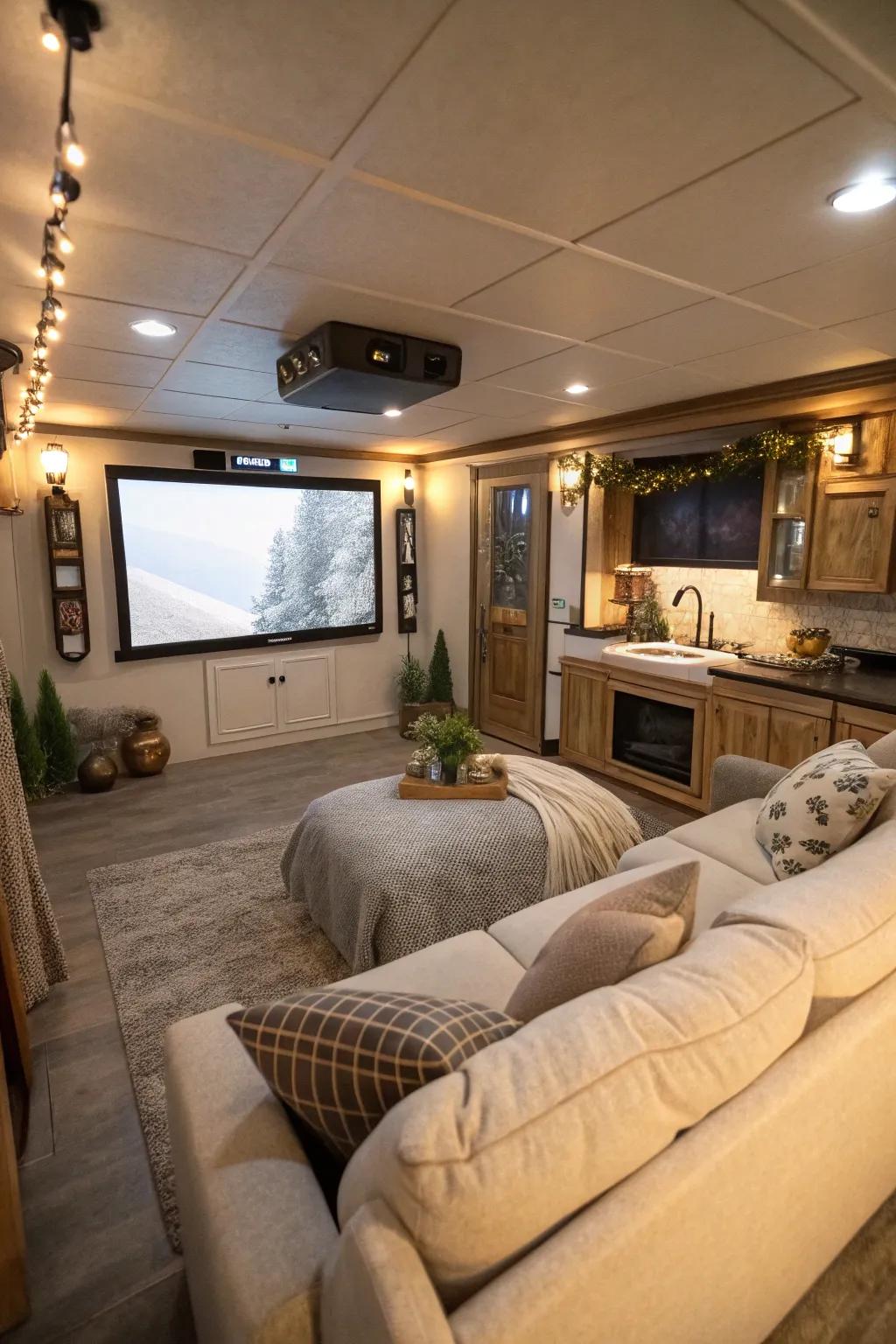 A cozy entertainment room equipped with a large screen and comfortable seating, perfect for family movie nights.