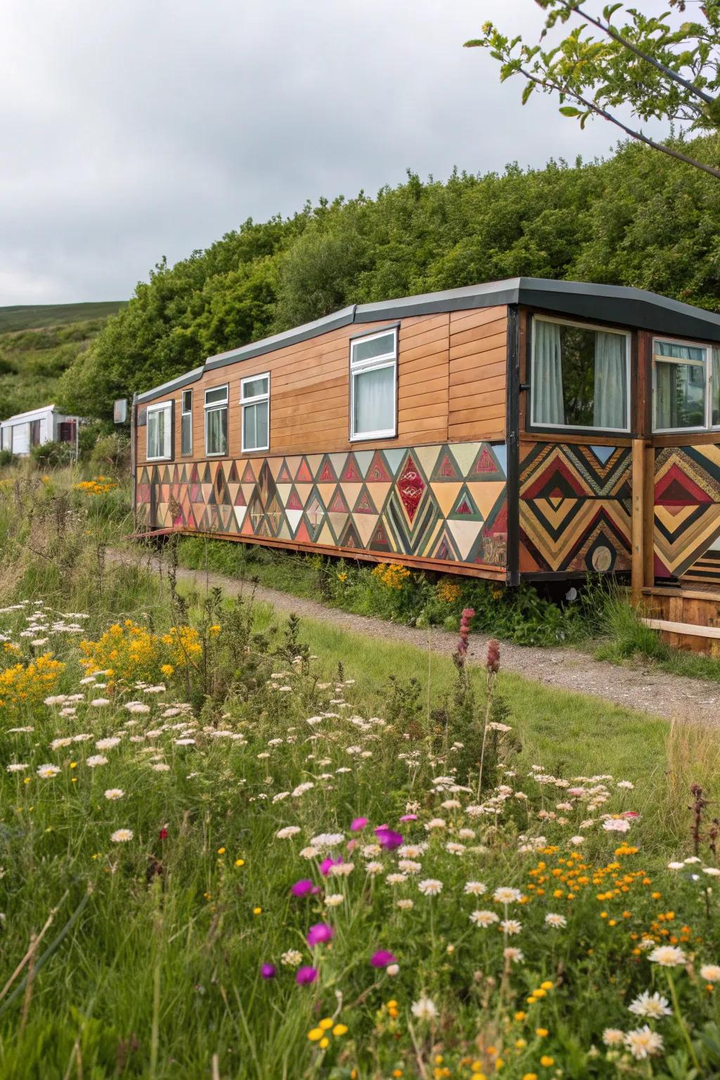 The geometric patterns turn the lumber skirting into an eye-catching architectural piece.