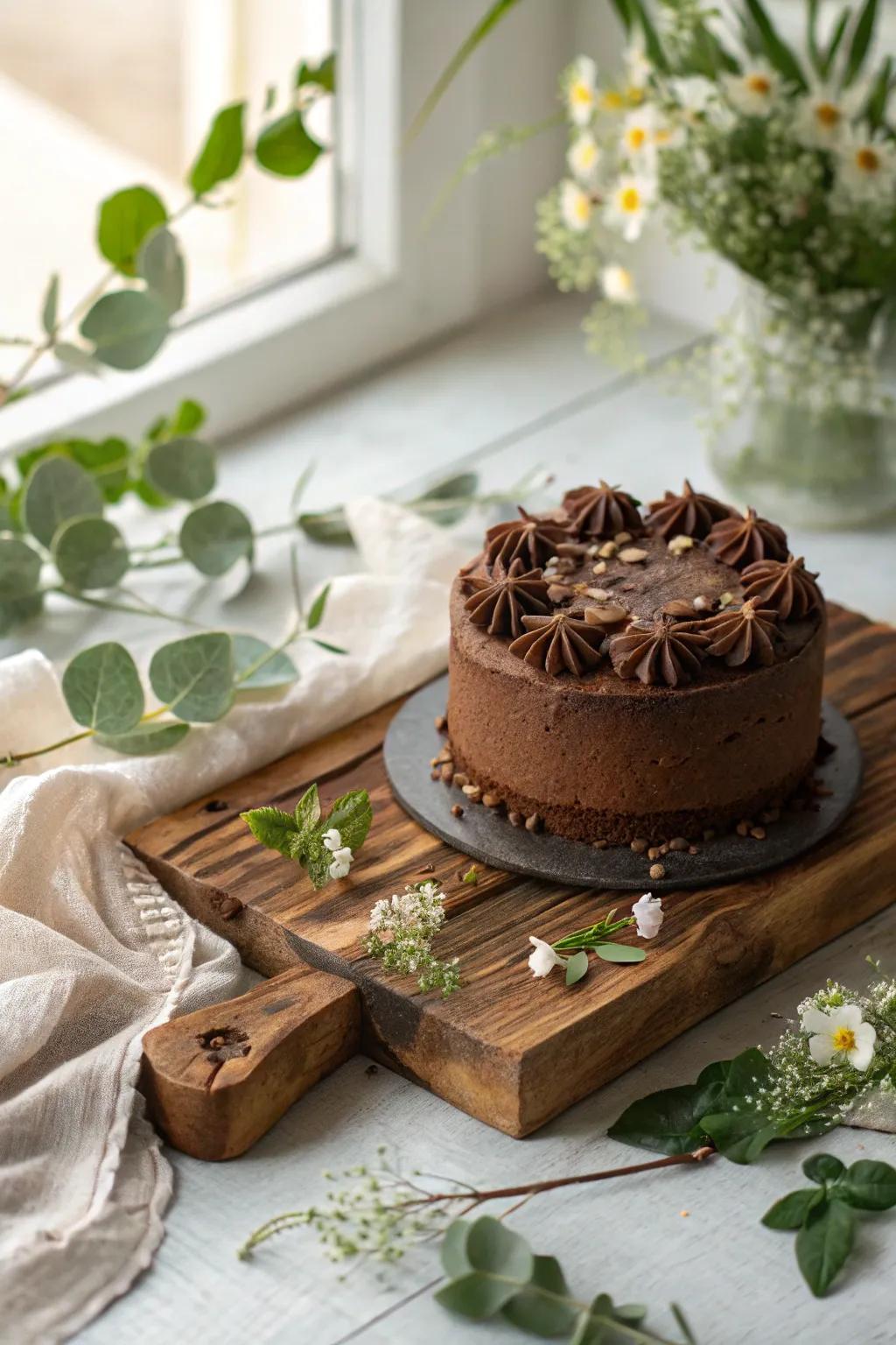 Rustic-themed mocha cake with a cozy, inviting presentation.