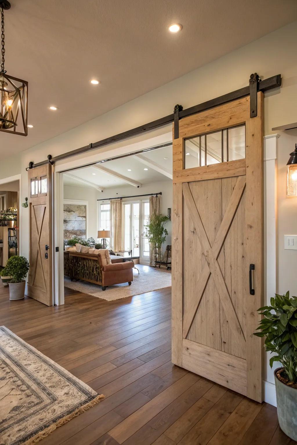 Double barn doors introduce sophistication and usefulness to large rooms.