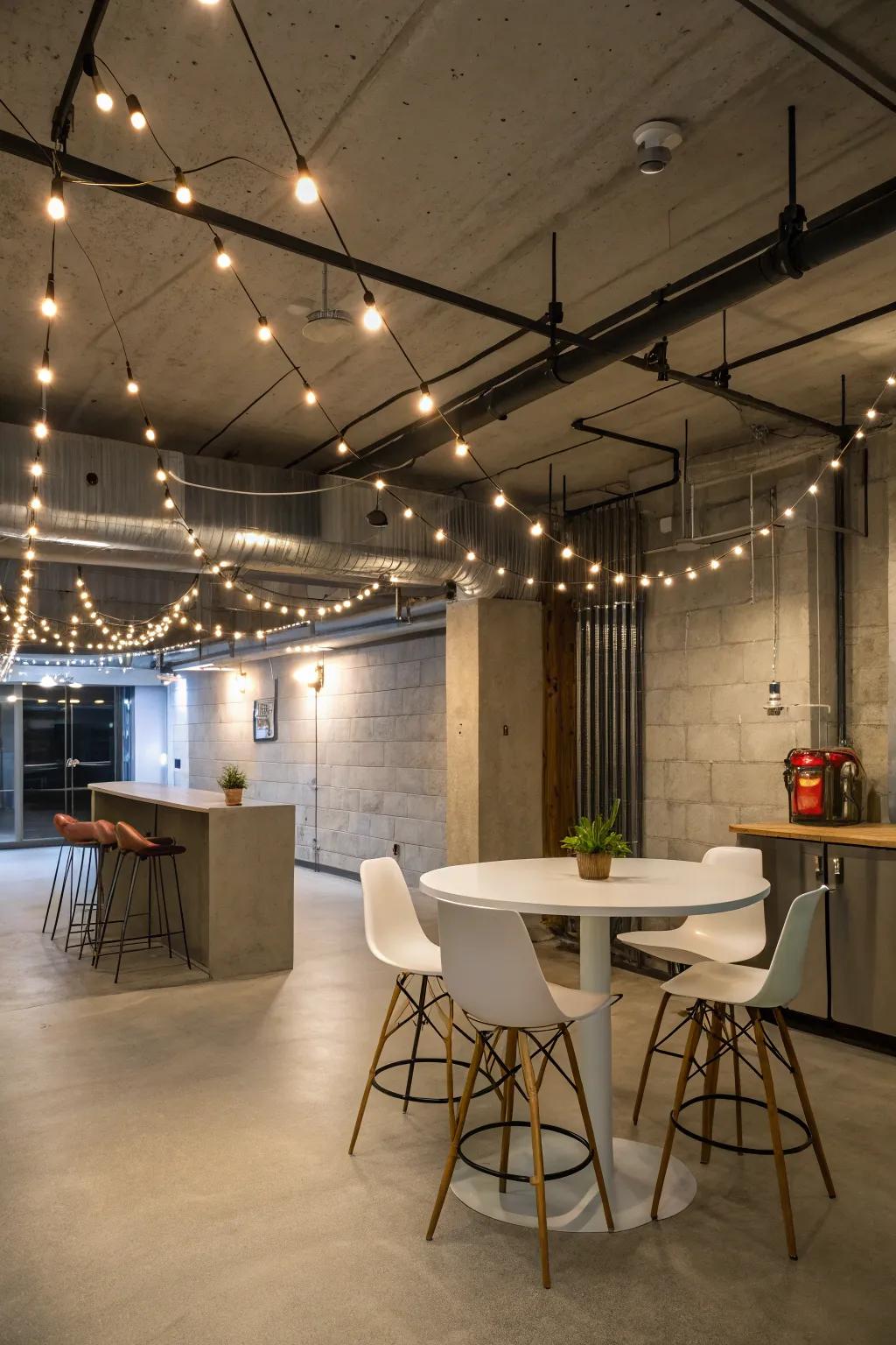 String lights drape the basement with whimsical charm and a modern flair.