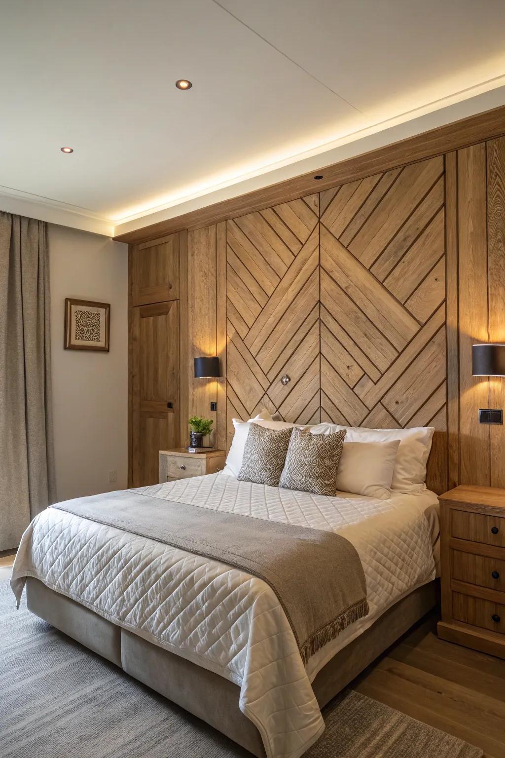 A feature wall of paneling serves as a bold focal point.