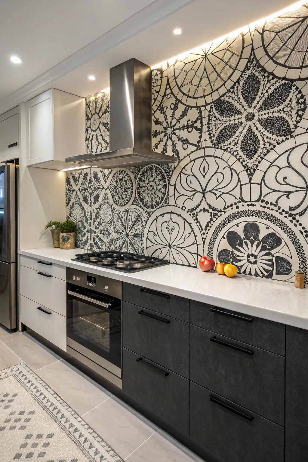 Single-hue mosaics establish a captivating kitchen centerpiece.
