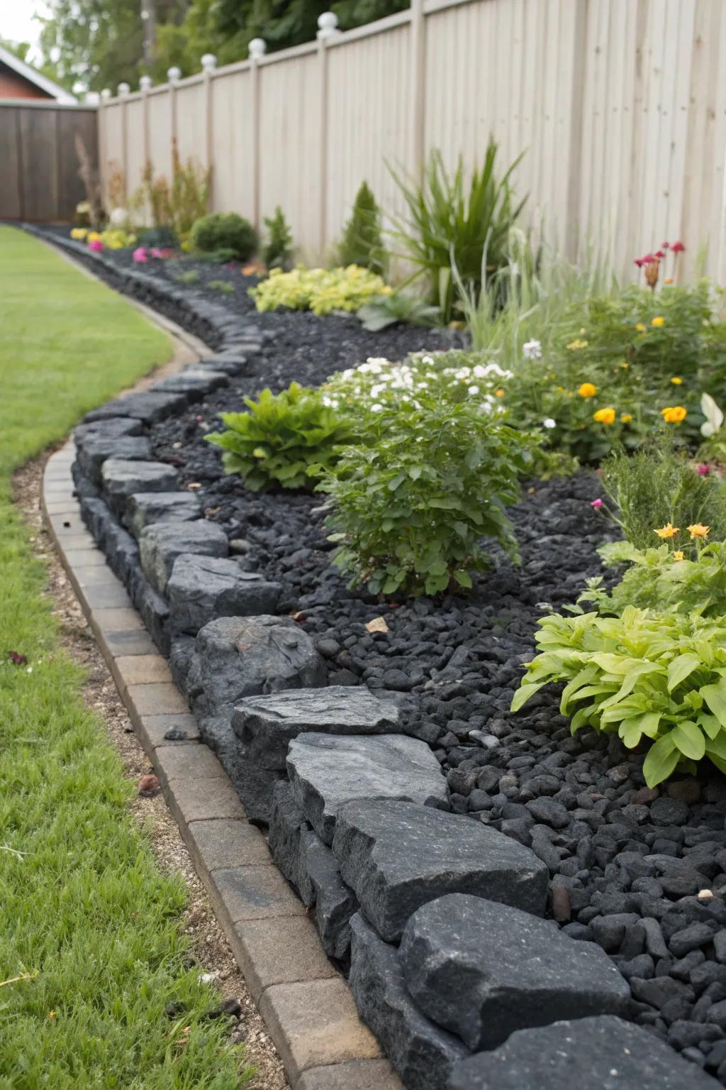Neat dark stone borders define garden spaces.