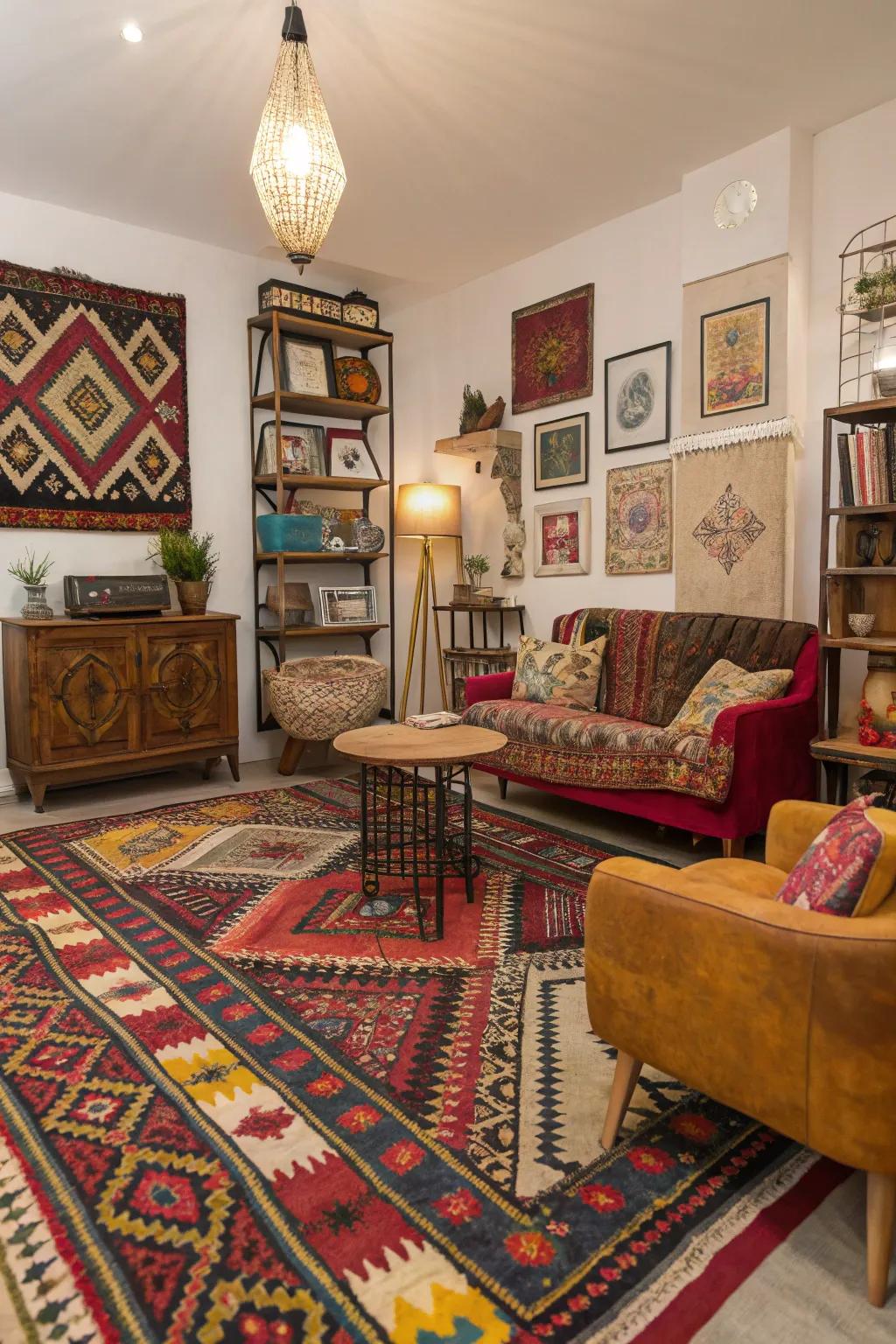 An eclectic area displays a daringly patterned carpet and vintage decorative features.