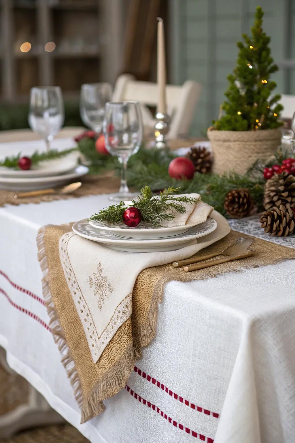 A layered texture table setting using linen and burlap for depth.