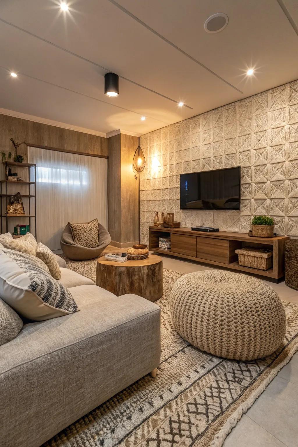 Cozy textural features that add warmth and style to a modern family room.